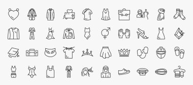 set of 40 fashion icons in outline style. thin line icons such as heart pendant, blouse with buttons, tailor, pair of socks, women drees, unisex, high heel sandals, cat eyes, pair of mittens, women