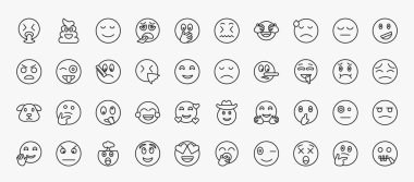 set of 40 emoji icons in outline style. thin line icons such as puking emoji, calm emoji, dissapointment proud ill disappointed drool stupid shushing exploding head dizzy wondering editable vector.