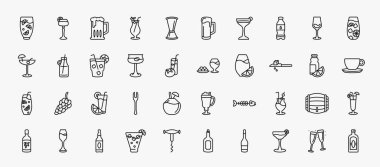 set of 40 drinks icons in outline style. thin line icons such as lemon juice, brewery, water jug, tom collins, cuba libre, ham, drip, greyhound drink, mai thai, alcohol, cosmopolitan, toast editable