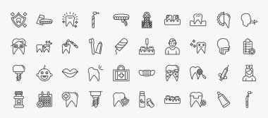 set of 40 dentist icons in outline style. thin line icons such as dental protection, white teeth, occlusal, breath, tooth filling, interproximal, shiny tooth, mouth, dental checkup, dental care,