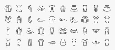 set of 40 clothes icons in outline style. thin line icons such as denim jacket, one shoulder dress, chi pants, tulle skirt, men socks, ballets flats, oxford wave blazer, wool boots, sweatpants,