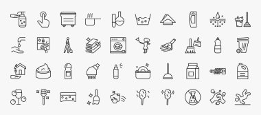 set of 40 cleaning icons in outline style. thin line icons such as hand washing, dumpster, shampoo, floor mop, charwoman, housekeeping, cleaning tools, deodorizer, baking soda, scouring pads,
