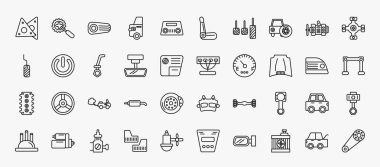 set of 40 car parts icons in outline style. thin line icons such as car gasket, car reversing light, spare wheel, universal joint, dipstick, manifold, hood, tailpipe, connecting rod, choke,