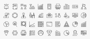 set of 40 business and analytics icons in outline style. thin line icons such as connected data, consulting, bar stats, users interconnected, business skills, email analytics, debt, stock data