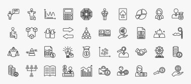 set of 40 business icons in outline style. thin line icons such as man presentation, smooth line chart, portion pie chart, man carrying money, nails, broken credit card, bailment, profit report,