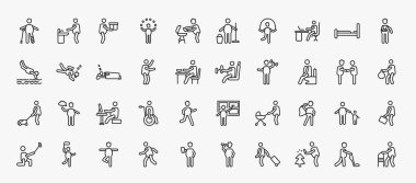 set of 40 behavior icons in outline style. thin line icons such as man with broken leg, stick man with box, man working at desk, fracture arm, sleeping, driving, at restroom, typing, singer with