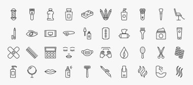 set of 40 beauty icons in outline style. thin line icons such as barber shop, mouthwash, electric shaver, beauty salon chair, wipes, big razor blade, tint brush, eye shadow, inclined hairbrush,
