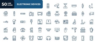 set of 50 electronic devices web icons in outline style. thin line icons such as speakers, connector, convection oven, smartwatch, usb wireless adapter, cold-pressed juicer, crock-pot, mouse, sound