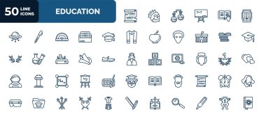 set of 50 education web icons in outline style. thin line icons such as papyrus, ebook, graduate, books, robin hood, eugene onegin, periodic table, robinson crusoe, law, romeo and juliet, frog
