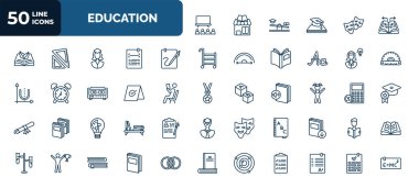 set of 50 education web icons in outline style. thin line icons such as university class, data funnelling, calligraphy, woman with idea, booked, kids, intellectual, alphabet book, atomic theory,