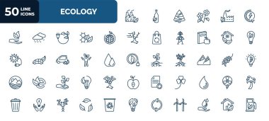 set of 50 ecology web icons in outline style. thin line icons such as sustainable factory, renewable energy, eco, ecological house, eco volunteer, snowy mountains, plant on a hand, shamrock, recycle