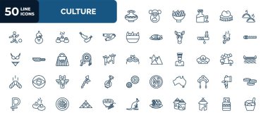 set of 50 culture web icons in outline style. thin line icons such as native american pot, dumplings, chorizo, coffee grains, native american drum, meat pie, native american totem, australian