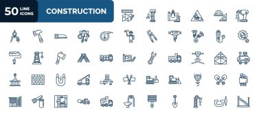 set of 50 construction web icons in outline style. thin line icons such as measures plan, electric drill, five meters ruler, clippers, double ladder, hydraulic breaker, inclined magnet, bulldozer,