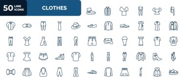 set of 50 clothes web icons in outline style. thin line icons such as wool boots, one shoulder dress, men hat, lyocell shirt dress, oxford wave suit pants, off the shoulder dress, denim shorts, slim