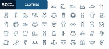 set of 50 clothes web icons in outline style. thin line icons such as soccer shoe, tanktop, bra & knicker, t-shirt, short, sleeveless shirt, t shirt, swim shorts, briefs, bra, panties vector.