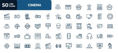 set of 50 cinema web icons in outline style. thin line icons such as theatre screen, parental guidance, smoothie with straw, loud woofer box, 1080p hd tv, popcorn bag, television with antenna, movie