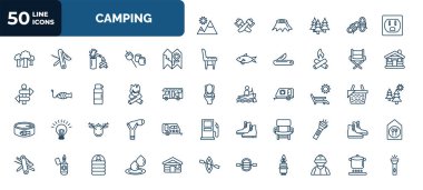 set of 50 camping web icons in outline style. thin line icons such as mountain, outlet, map, camp chair, bonfire, deck chair, hunting trophy, folding chair, raft, water, pot on fire vector.