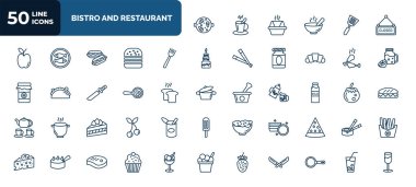 set of 50 bistro and restaurant web icons in outline style. thin line icons such as paella with parwns, closed, salad fork, chicken thigh, restaurant fried egg, milk brick, cut cake piece, round