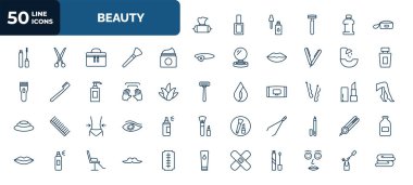 set of 50 beauty web icons in outline style. thin line icons such as wet wipes, little makeup box, moisturizer, hair washer sink, massage, bobby pins, women waist, tweezers, patches, big moustache,