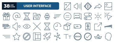 set of user interface web icons in outline style. thin line icons such as brightness, giftbox, sand clock, sort down, cursor, waiting, export, layout, check square, , paper boat vector.