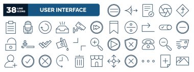 set of user interface web icons in outline style. thin line icons such as pause, padnote, reload, next page, minus, minimal, zoom out, history, more, , new file vector.