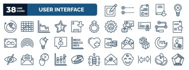 set of user interface web icons in outline style. thin line icons such as writing square, reload pie chart, multiple variable lines, upload up, documents with a star, bars chart page, loading