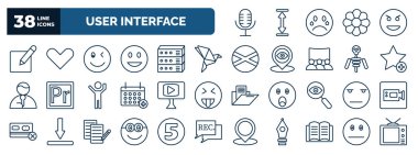 set of user interface web icons in outline style. thin line icons such as mic interface, editor, winking smile, paper bird, add to favorite, video in browser, boring, nerd smile, book opened at
