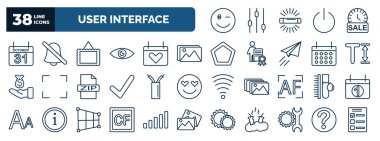 set of user interface web icons in outline style. thin line icons such as wink smile, octuber 31, image with frame, images, text height, wiring, ink level, cf, work tools, , question mark vector.
