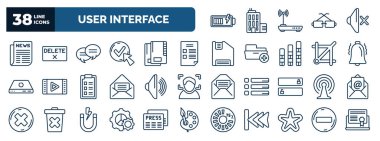set of user interface web icons in outline style. thin line icons such as battery loaded, folded newspaper, two chat bubbles, blank file, alarm button, loud audio, connection, tings cog, rounded