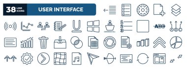 set of user interface web icons in outline style. thin line icons such as text out, , user exchange, window graphic, abc item chart, intersect, up chevron, mesh, update arrows, , ribbon from a book