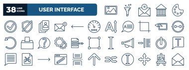 set of user interface web icons in outline style. thin line icons such as insert picture, round done button, accounts, indicators, opposition, export archive, on off power button, gross pencil, move