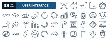 set of user interface web icons in outline style. thin line icons such as multitasking worker, squiggly arrow, back up, looping arrows, psychic, curved up arrow, right curve, back arrow, right with