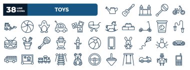 set of toys web icons in outline style. thin line icons such as watering can toy, digger toy, penguin toy, pram skipping rope troll spider xylophone cart , robot vector.