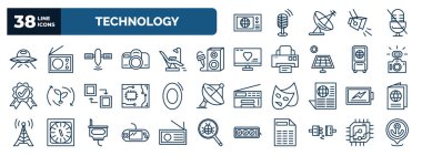 set of technology web icons in outline style. thin line icons such as world news, science fiction, satellite transmission, entertainer, photo camera flash, zero, battery level, gamepad with cable,