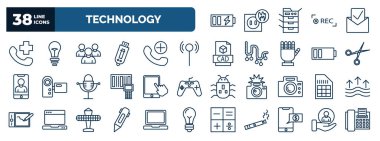 set of technology web icons in outline style. thin line icons such as battery power, hospital phone, customers, antenna, hairdressing tools, tablet with picture, big, digital pen, receive money