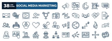 set of social media marketing web icons in outline style. thin line icons such as marketing, letter with stamp, video player, big photo camera, suggestion, stamps, trending, digital marketing, ad, ,