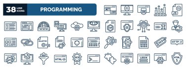 set of programming web icons in outline style. thin line icons such as web domain, program interface, www, seo monitoring, seo management, plugin, seo tags, html, login, , error vector.