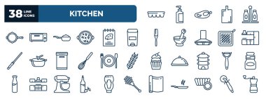 set of kitchen web icons in outline style. thin line icons such as ice cube tray, skillet, stew pot, trash, kitchen cabinet, dinner, peeler, olive oil, mould, , pizza cutter vector.