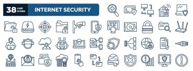 set of internet security web icons in outline style. thin line icons such as medical research, data unclocked, network, mobile phone security, modem, malware, data protection, data center,