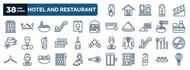 set of hotel and restaurant web icons in outline style. thin line icons such as do not disturb, hostel, spaghetti, cheese burger, receptionist, champagne, eating utensils, minibar, doorknob, , dim