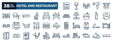 set of hotel and restaurant web icons in outline style. thin line icons such as menu, breakfast, reserved, room service, cinnamon roll, sandwich, smoking, barbershop, towels, , reservation vector.