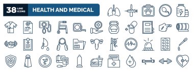 set of health and medical web icons in outline style. thin line icons such as lung, patient robe, blood pressure gauge, health care, yoga mat, records, medical strip, tonometer, chest expander, ,