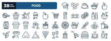 set of food web icons in outline style. thin line icons such as chef cooking on stove, fried eggs, fruits, cart graphic, fruit salad, fruit cake, fish food, hotel service, give a burger, , hot