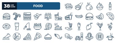 set of food web icons in outline style. thin line icons such as foods, burguer, cafe bar, fast food restaurant, oyster omelette, scotch, cocktail on a glass, triangular pizza slice, ring pop, ,