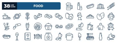 set of food web icons in outline style. thin line icons such as beers, warm cup and plate, jawbreaker, biscuits, sippy cup, boiler, kitchen pack, plate and utensils, pasta, , water container vector.