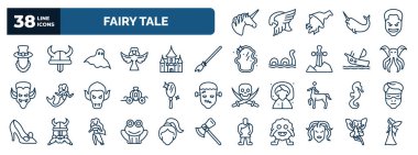 Peri masalı ikonlarının ana hatları. Tek boynuzlu at, leprikon, hayalet, süpürge sopası, Cthulhu, büyülü ayna, deniz atları, kurbağa, dişi medusa, peri vektörü gibi ince çizgi simgeleri..