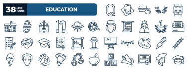 set of education web icons in outline style. thin line icons such as letter, school, law, browsing, invitation, periodic table, highlighter, don quixote, merit, , long john silver vector.