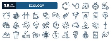 set of ecology web icons in outline style. thin line icons such as reload, eco plug, wind mill, seeds, nuclear energy, two flowers, eco e, eco cell, sustainability, , fuel vector.