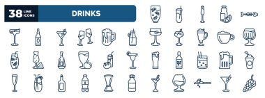 set of drinks web icons in outline style. thin line icons such as lemon juice, manhattan, 007 martini, smoothie, brandy glass, tomato juice, brewery, water jug, drip, , martini vector.