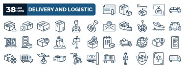 set of delivery and logistic web icons in outline style. thin line icons such as charter, delivery delay, packages, stamp, pallet, postbox, delivery safety, parcel, shield, , logistic umbrella